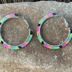 Rainbow 1 1/2” Beaded hoops, New, Handmade By Me