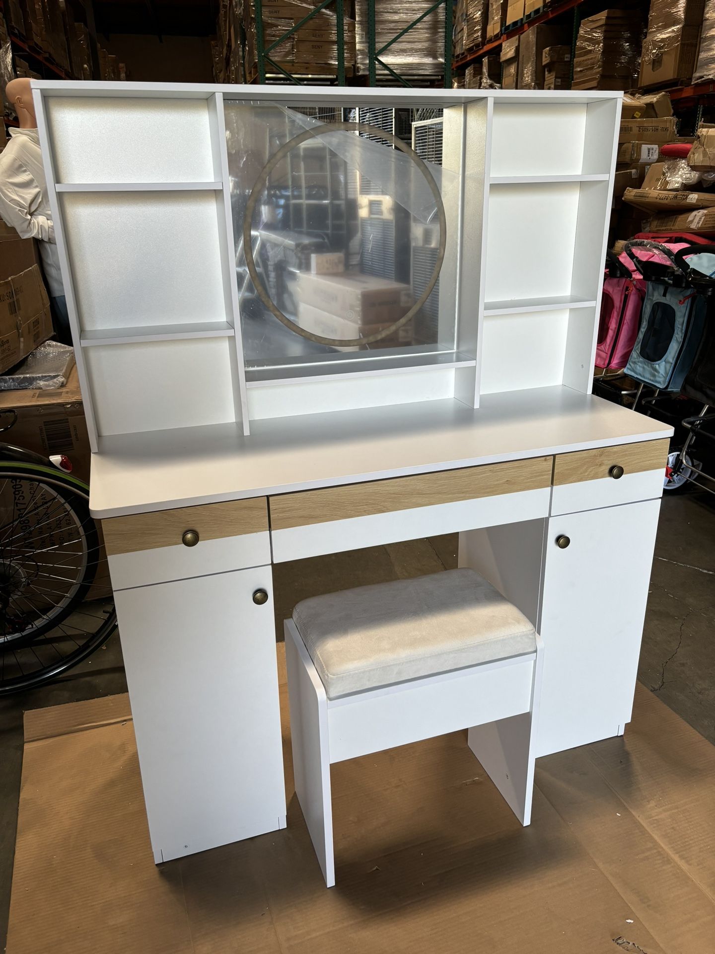 Vanity Desk with Mirror and Lights Heart Strip, RGB Led, Glass Top Bedroom Dresser with Rechargeable Outlet (Fcc) with Stool
