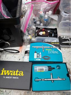 Iwata Air Compressor NIB plus air brush tools, inks, paint supplies