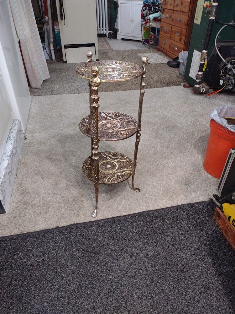 Antique Three Metal Tier Cherry Rubbed Brass With Three Claw Foot Legs Plant Holder