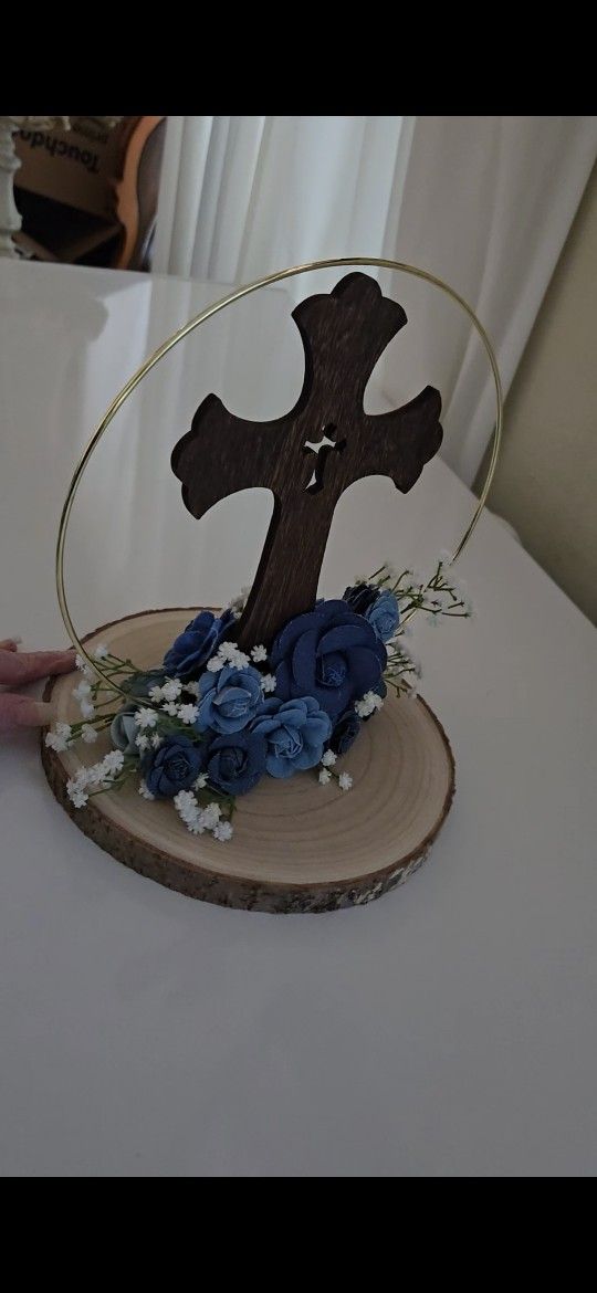 Centerpiece Demin Flower Wood Cross