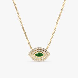 Evil Eye Emerald Diamond Necklace 14k Solid Gold NYC