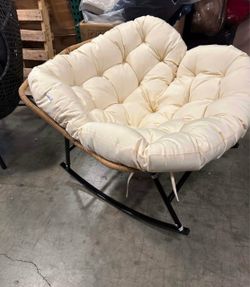 New Assembled Outdoor Papasan Rocking Chair w/ Thick Cushion Cream Oversized Wicker Lounge Rocker w/ Cushion