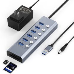Powered USB 3.0 Hub, Aluminum USB Splitter with 6 USB 3.0 Data Ports, SD/TF Card Readers, Individual On/Off Power Switches and 5V/3A Power Adapter, fo