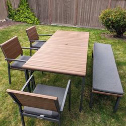 Create And Barrel Rocha II Outdoor Dining Table With Chairs And Bench