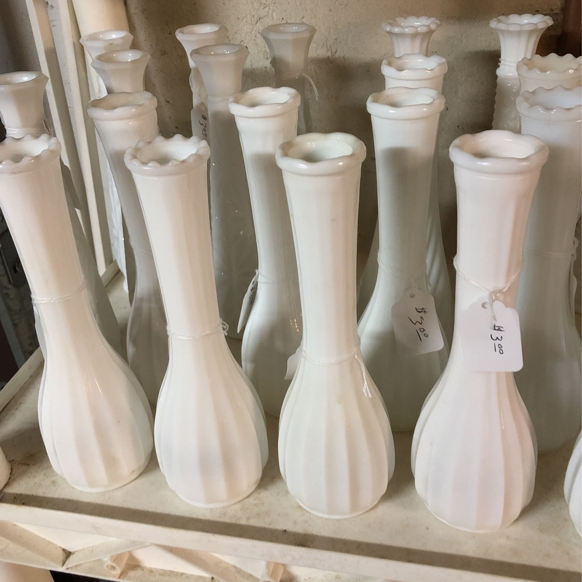 Milk Glass Assortment,2 Globes 2 ..8 inch openings , 1.. 10 inch Opening 7 saucers 65 Pieces In all