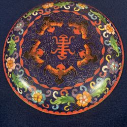 Gorgeous Vintage Chinese Cloisonné Plate with Floral and Bat Motifs
