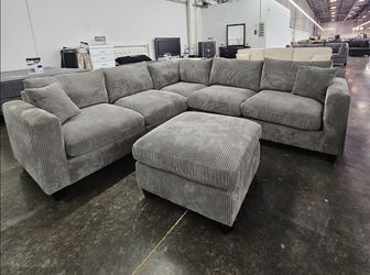Gray Corduroy Sectional Sofa with Ottoman