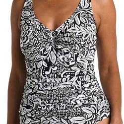 NWT MAXINE OF HOLLYWOOD Black White Floral Twist Front Tummy Control Swimsuit 10