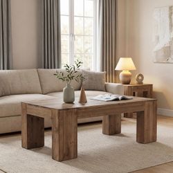 HearthPine 55.1 in. Brown Solid Wood Rectangle Coffee Table, Farmhouse Accent Center Tea Table for Living Room