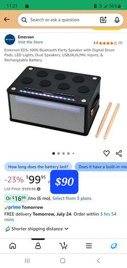 Emerson EDS-1000 Bluetooth Party Speaker with Digital Drum Pads, LED Lights, Dual Speakers, USB/AUX/Mic Inputs, & Rechargeable Battery