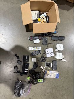 Box of misc Electronics and Parts.  Sonos, RTI, Remotes, etc.