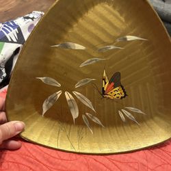 Vintage Catalina Lacquerware Hand Painted Gold Butterfly Triangular 11” Serving Tray
