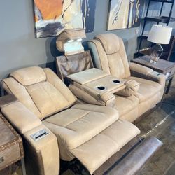 Power Reclining Sofa With Adjustable Headrest USB Port 