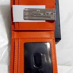 NEW! Airtag Holder Bifold Wallet w/ money clip, 8 card slots, Orange & Black