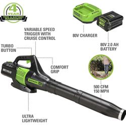 Greenworks 80V (150 MPH / 500 CFM / 75+ Compatible Tools) Cordless Axial Leaf Blower, 2.0Ah Battery and Charger Included