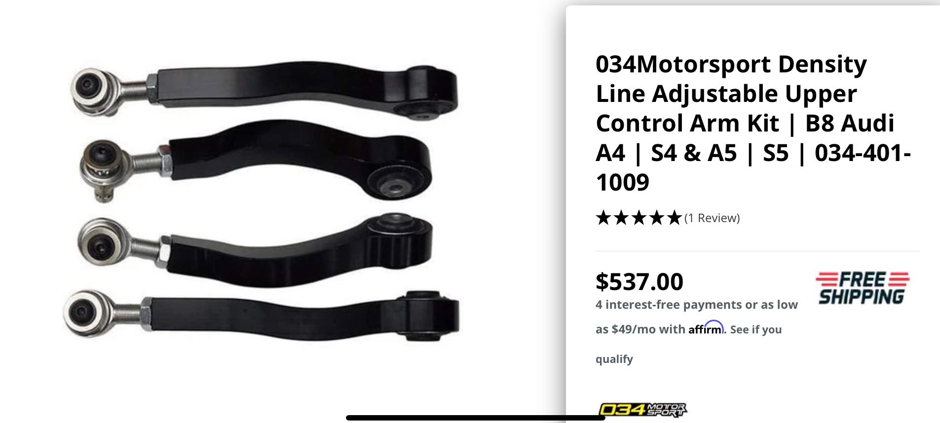 034Motorsport Density Line Adjustable Upper Control Arm Kit, Camber Correcting, B8 Audi A4/S4/RS4, A5/S5/RS5, Q5/SQ5 