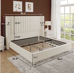 King Size Cream Upholstered Bed Frame w/ EXTRA Support Slats – Modern Nailhead Trim (No Mattress)