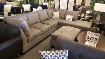 Brand new 112" x 85" grey or brown fabric reversible sectional + ottoman