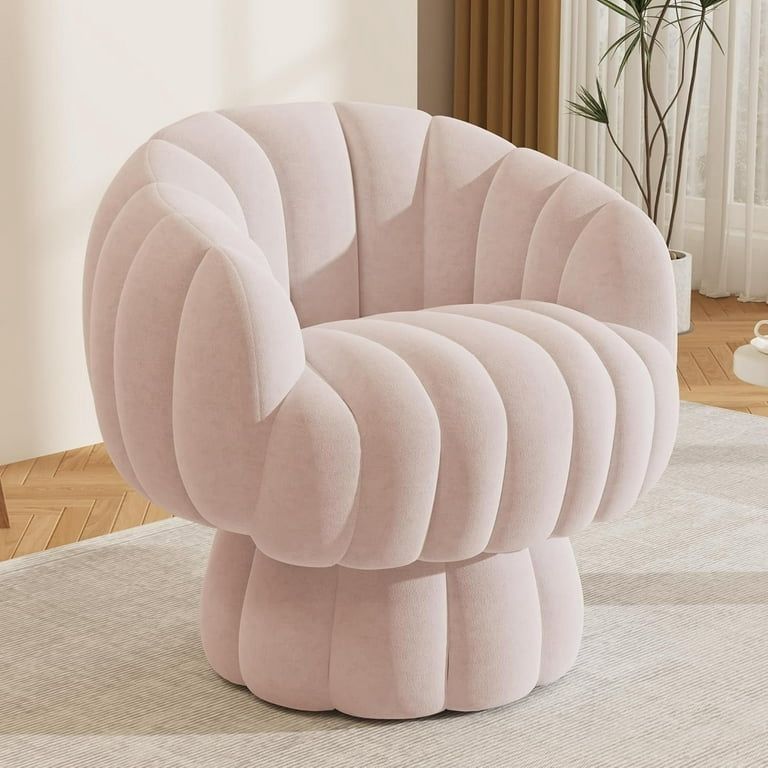 Mid Century Modern 360 Degree Barrel Swivel Accent Sofa Chair,Fluffy Velvet Fabric Lounge Wide Upholstered Pumpkin Reading Chair, Round Cloud Armchair