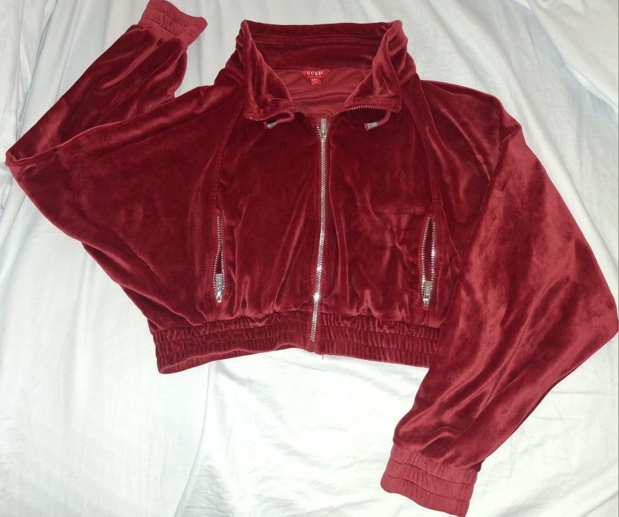 Guess Red Velvet Bomber Jacket with High Collar