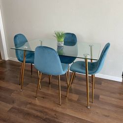 Blue Gold Modern Velvet Glass Dining Set