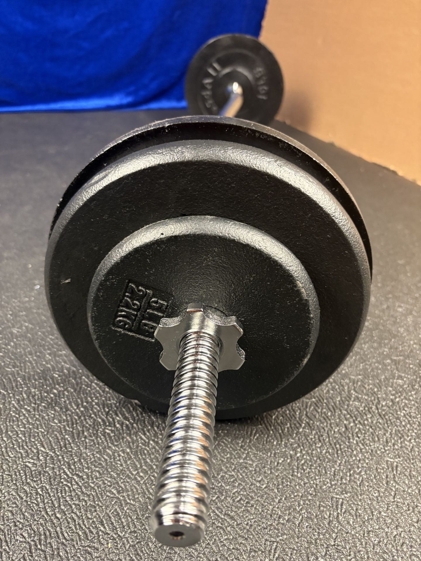 Standard Steel Curl Bar with Cast Iron Weight Plates pairs: 15#, 10 & 5 #. Total: 76 pounds