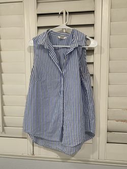 Women’s Blue Striped Collared Button Up Work Blouse