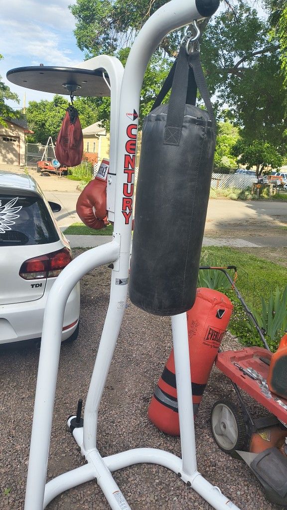Century Punching Bag Stand With Heavy Bag An Speed Bag An Boxing Gloves