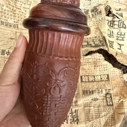 ANTIQUE CHINESE MOLDED GOURD CARVED CRICKET CAGE WOOD LID