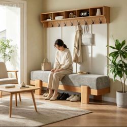 Wooden entryway bench with cushion, country-style shoe bench, gray