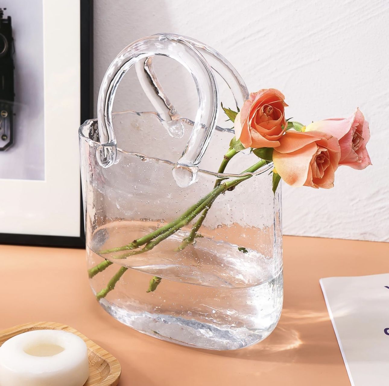 Fixwal Glass Purse Vase for Flowers, Clear Bag Vase with Handle and Bubbles, 7.7"x7.3" Handbag Shape Flower Vase, Unique Decorative Vases for Centerpi