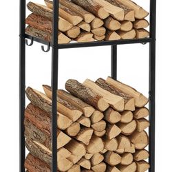 Firewood Rack Indoor 32.3 Inch 2-tier Firewood Holder Indoor Outdoor Coffee Table with 4 Hook Adjustable Feet Pads Functional Vertical Wood Storage Lo