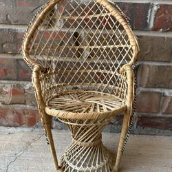 Vtg Mini Peacock Chair ~ Fan-Back Wicker Rattan ~ 16" Doll or Plant Stand ~ Boho 