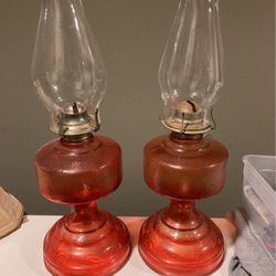 Pair Of Antique Red Kerosene Lamp