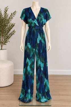 Women's Pleated Floral Jumpsuit Green Blue M-L NWT