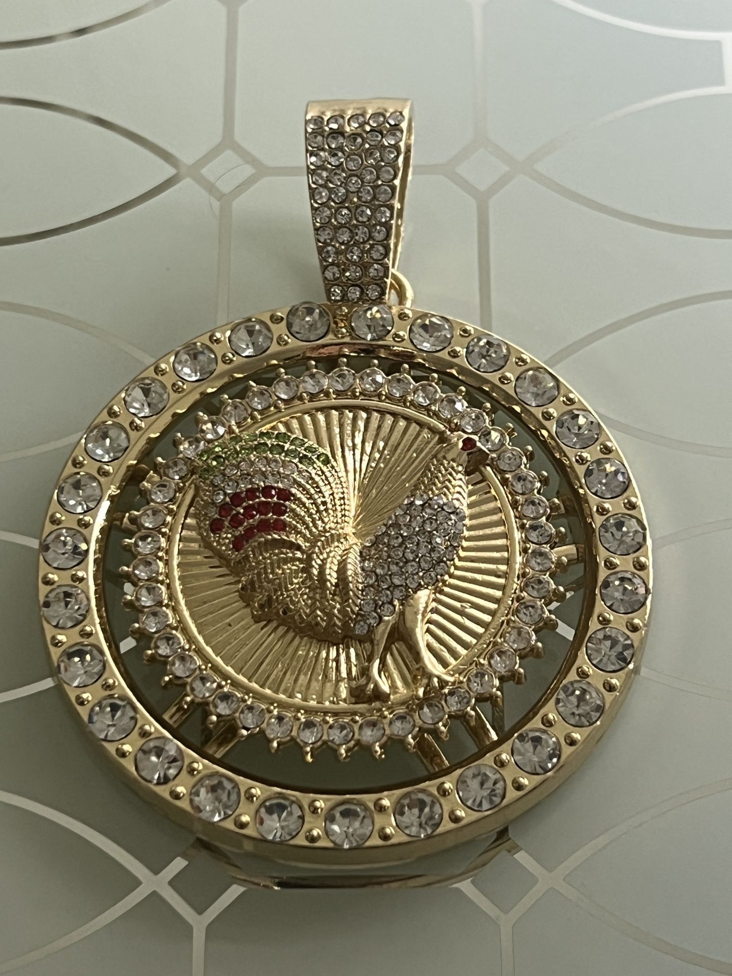 Rooster Spinning Gold Plated Medallion Pendant With Rhinestones 3.5”