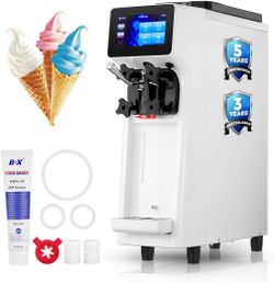 Commercial Ice Cream Machine, 10.4-20 QT/H Yield Soft Serve Ice Cream Machine with 4L Hopper & 1.6L Cylinder, Pre-Cooling & Auto Clean, Touch LCD for 