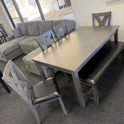 Grey Wooden Dining Table Set With 4 Chairs And Bench 
