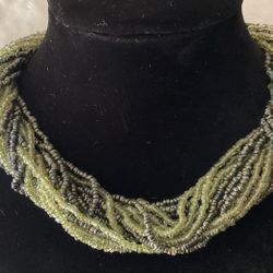 Vintage Multi Strand,olive Green Beaded Necklace Or Choker…14”long