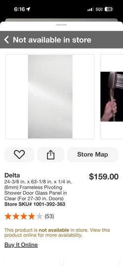 Delta 24-3/8 in. × 63-1/8 in. x 1/4 in. (6mm) Frameless Pivoting Shower Door Glass Panel in Clear (For 27-30 in. Doors)