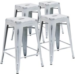 Set of 4 counter height (24”) metal stools in distressed white
