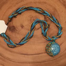 Peacock Design Vintage Bohemian Style Handmade Beaded Faux Gemstone Necklace & Pendant. 