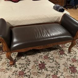 Elegant Antique Wood Bench w/ Leather Seat – Carved Frame, End of Bed / Entryway