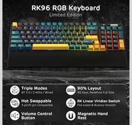 RK ROYAL KLUDGE RK96 RGB Limited Ed, 90% 96 Keys Wireless 3-Mode BT5.0/2.4G/USB-C Hot Swappable Mechanical Keyboard w/Wrist Rest, Volume Control, Soft