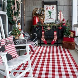 Red and White Plaid Rug Christmas Outdoor Front Door Mat Cotton Hand-Woven Washable Rug (7.5x10ft)