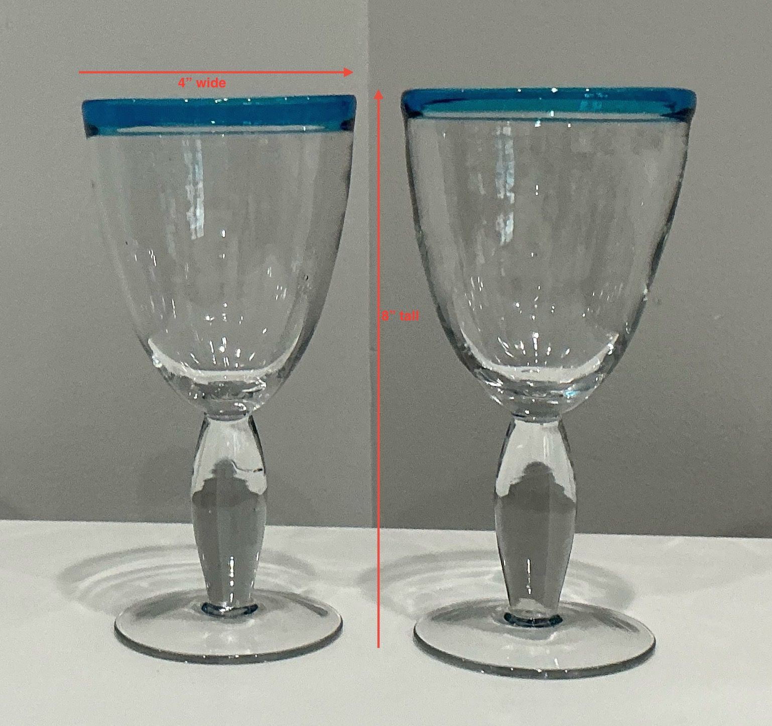 Pair of Aqua Rimmed Hand Blown Thick Glass Goblets or Wine Glasses