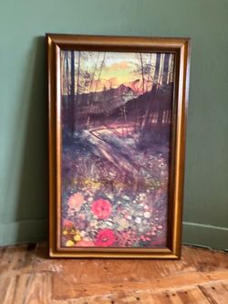 Vintage Framed Mountain Landscape Print – 16x28