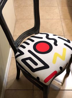 4 Designer Chairs Reupholstered with Keith Haring reproduction print