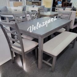 ✅️✅️6 pc Grey  Color dining table set padded seat chairs and bench✅️✅️✅️